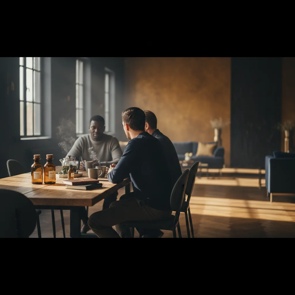 Two men seated in a warmly lit wellness studio, viewed from behind, engaged in conversation