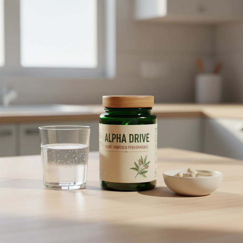 Alpha Drive supplement bottle beside saw palmetto berries, nettle leaves and tomatoes on a dark surface
